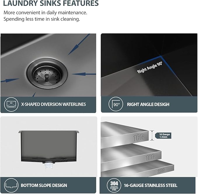 Lordear 25 Drop In Laundry Sink Black 25"x22"x12" Deep Laundry Utility Sinks Topmount Single Bowl Sink 16 Gauge Stainless Steel Laundry Room Sinks