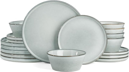 Famiware Annecy Dinner Plates and Bowls Sets, Stoneware Dinnerware Sets, Dishes Set for 6, 18 Pieces Handmade Dishware Set - Microwave & Dishwasher Safe, Double Reactive Glaze Tableware, Grey-Blue