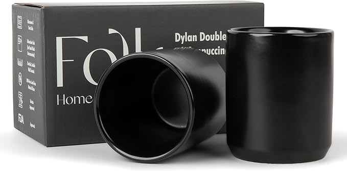 Folk Ceramics Dylan Ceramic Cappuccino Cups Set | Double Walled Ceramic Coffee Mug Set | Compact & Heat Insulated Cappuccino, Tea, Coffee & Latte Cup | 8oz, Set of 2 | Matte Black