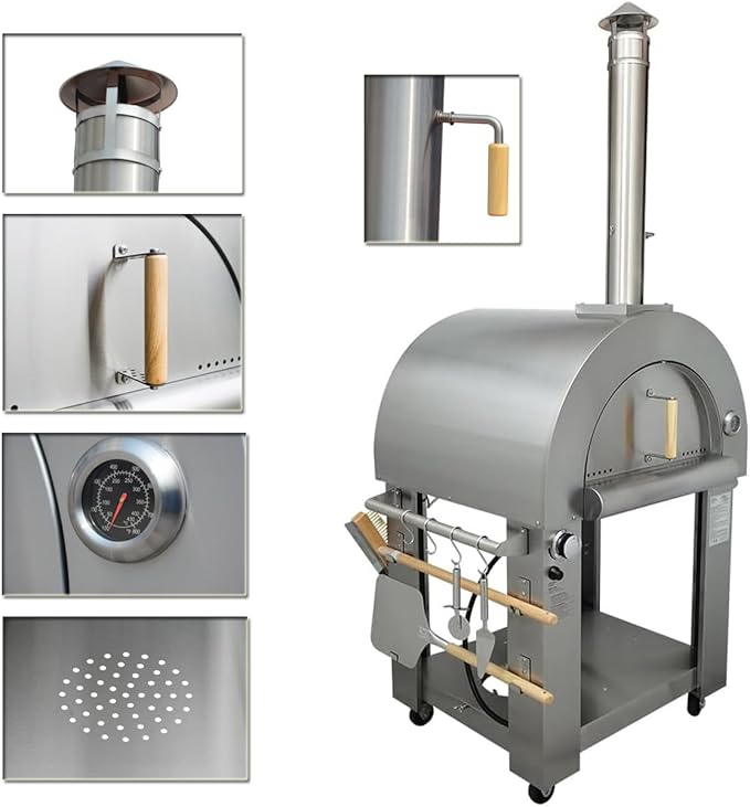 32.5 inch Propane Gas and Wood Fired Pizza Oven with Open Shelf and Wheels, Large Outdoor Oven for BBQ, Grilling, Stainless Steel Pizza Oven for Outdoor, Backyard and Party (Silver without Cover)