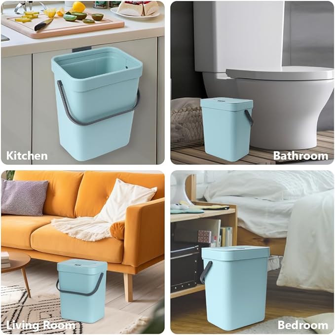 Hanging Small Trash Can with Lid Under Sink for Kitchen, 5 L/ 1.3 Gallons Plastic Waste Basket,Food Waste Bin,Kitchen Compost Bin for Counter Top,Bathroom/Office (Blue)