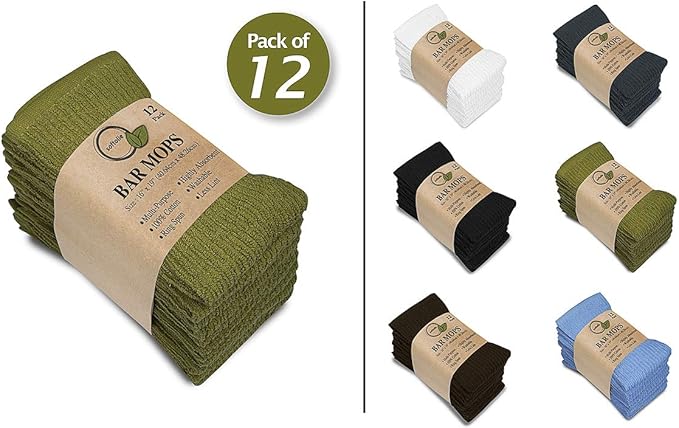 Softolle Bar Mop Towels, Pack of 12-16x19 Inches - 100% Cotton Super Absorbent Towels, Multi-Purpose for Home and Bar Cleaning (Sage Green)