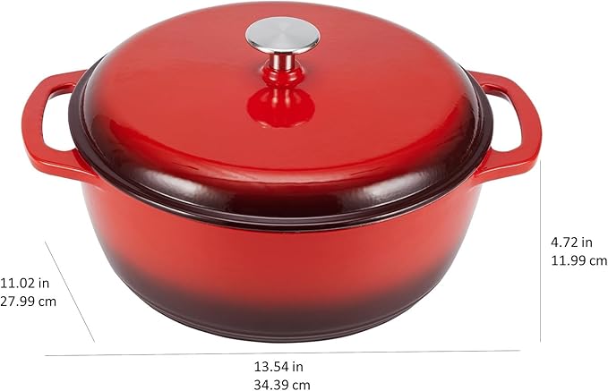 Amazon Basics Cast Iron Dutch Oven Pot with Lid, Enameled, Round, Dual Handles, Heavy-Duty, Medium, 6-Quart, Red