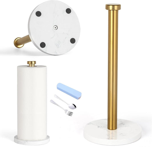 Standing Paper Towel Holder, Kitchen Paper Towel Roll Holder- for Bathroom Kitchen Countertop with Weighted Marble Base for One-Handed Operation (Gold), Marble Paper Towel Holder.…