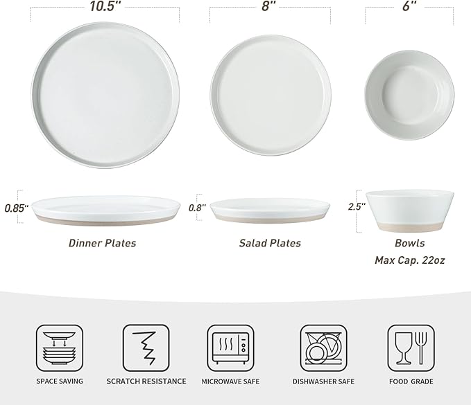 Famiware Saturn Speckled Dinnerware Sets for 8 (24 Pieces), Stoneware Plates and Bowls Dish Set - Chip and Scratch Resistant, Microwave and Dishwasher Safe, White