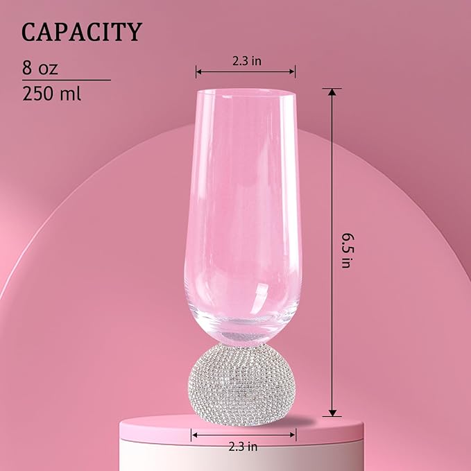 Champagne Flutes set of 4,Stemless Wedding Champagne Glasses,Unbreakable Crystal Fancy Mimosa Glasses,10 Oz Short Handle Champagne Flutes,for Engagement,Bachelorette Party,Birthday(Silver Pink)