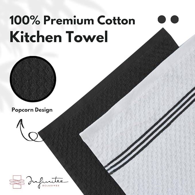 Infinitee Xclusives 100% Cotton Kitchen Towels - 15x25 Inch Ultra Soft Tea Towel, Super Absorbent Terry Dish Towels for Kitchen Linens |Storm Black|