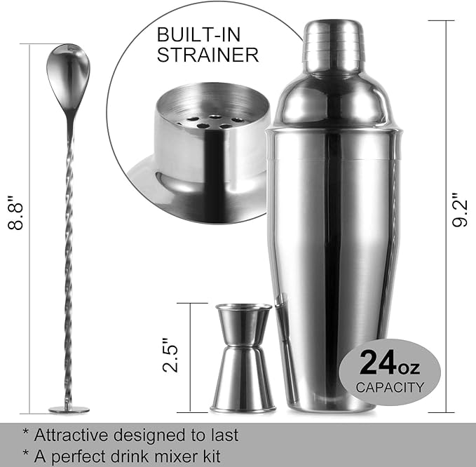 WPHUAW 24oz Cocktail Shaker Bar Set-Professional Margarita Mixer Drink Shaker and Measuring Jigger & Mixing Spoon Set-Professional Stainless Steel Bar Tools Built-in Bartender Strainer for Martini Kit