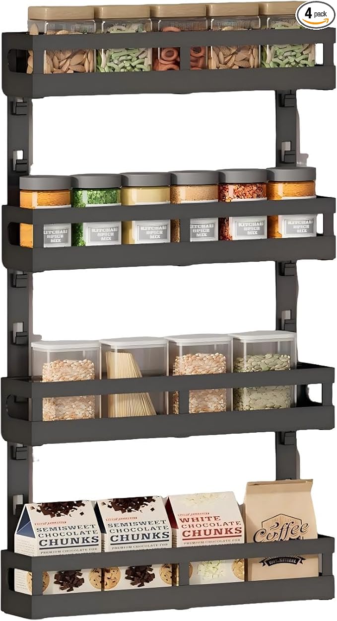 X-cosrack 4-Tier Small Wall Mounted Spice Rack Organizer, Hanging Spice Shelf for Cabinet or Pantry, Height-Adjustable Seasoning Holder for Kitchen Storage, Black