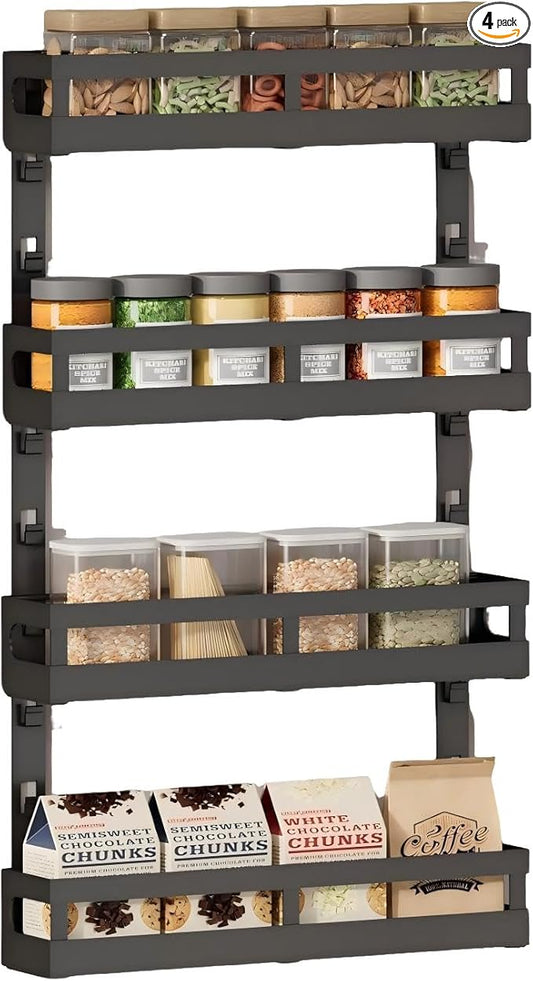 X-cosrack 4-Tier Small Wall Mounted Spice Rack Organizer, Hanging Spice Shelf for Cabinet or Pantry, Height-Adjustable Seasoning Holder for Kitchen Storage, Black