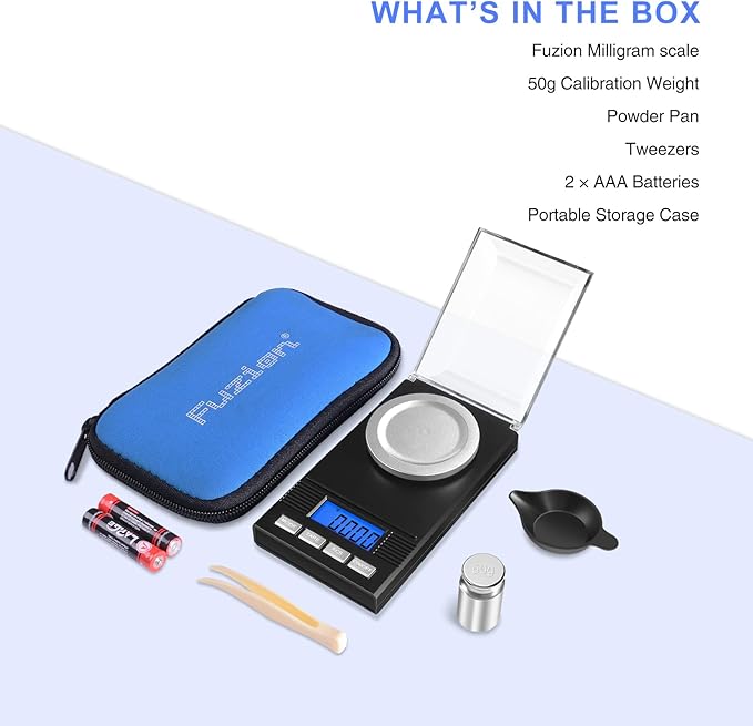Fuzion Milligram Scale 50g/0.001g, Portable Jewelry Scale .001 Gram Accuracy, Mg Scale, Powder Scale, Microgram Scale, Milligram Scale for Powder with Tray/Tweezers/Calibration Weight