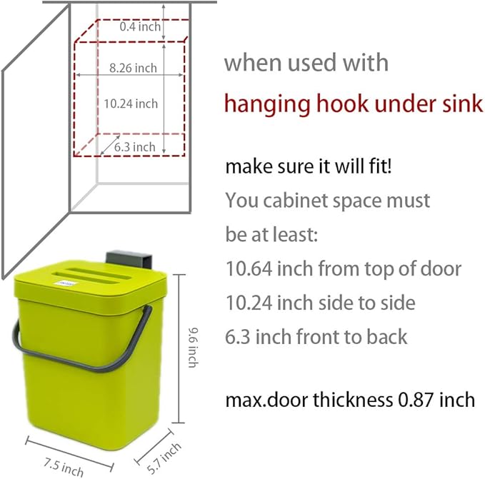 Counter Top Compost Bin with Lid for Kitchen Waste Food Scrap,Mountable Bathroom Hanging Small Trash Can Under Sink 1.3 Gal/5 L Series,Green