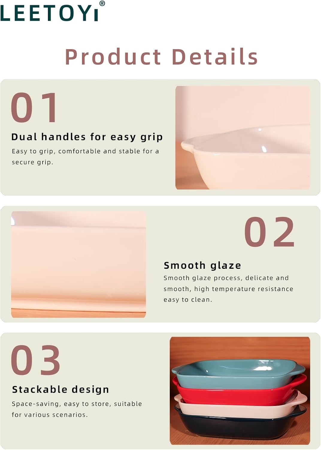 LEETOYI Ceramic Small Baking Dish 7.5-Inch Set of 4, Rectangular Bakeware with Double Handle, Baking Pans for Cooking and Cake Dinner (Navy)