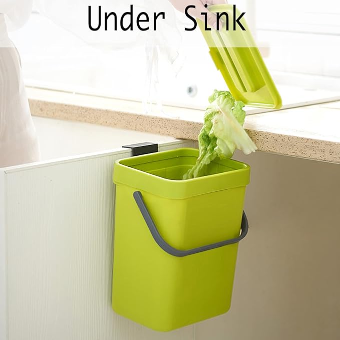 LALASTAR Small Plastic Trash Can, Hanging Small Trash Can with Lid Under Sink for Kitchen, Food Waste Bin for Countertop, Mountable Garbage Can for Bathroom, RV, 5L/1.3 Gal, Green