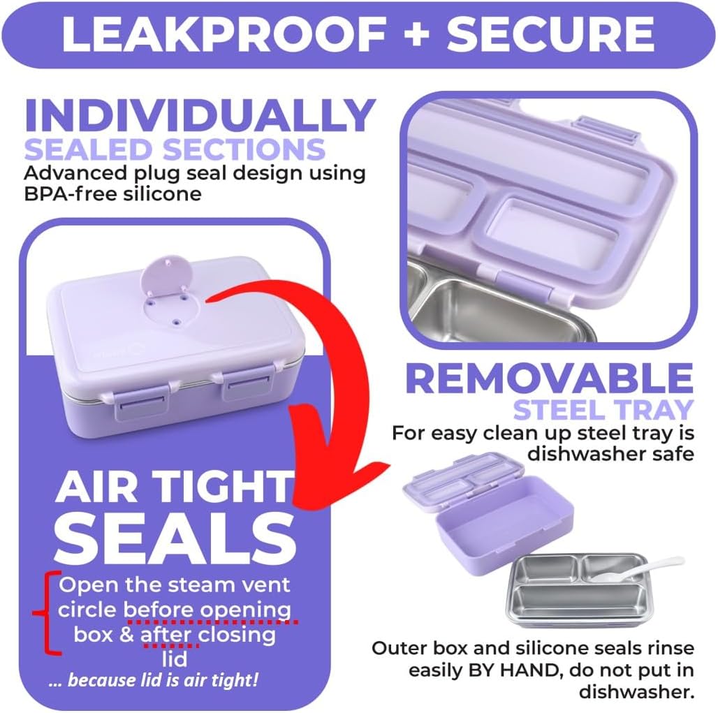 Small Stainless Steel Lunch Box for Baby Toddlers Girls, Mini Bento, 3 Eco Metal Portion Sections Leakproof Lid, Pre-School Daycare Lunches, Toddler Spill-Proof Snack Container, 18 oz/550 mL Purple