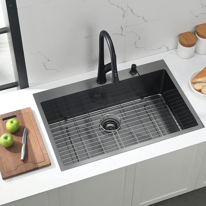 33 Inch Drop In Black Kitchen Sink, Doirteal 33 x 22 x 10 Inch 16 Gauge Stainless Steel Single Bowl Kitchen Sinks Topmount Kitchen Sink Single Basin With Bottom Grid