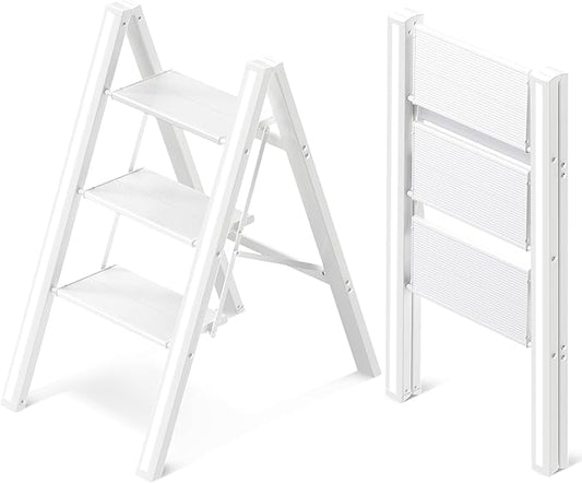 GameGem 3 Step Ladder, Aluminum Folding Step Stool with Anti-Slip Sturdy and Wide Pedal, Lightweight Portable Stepladder for Home and Kitchen Use Space Saving, Cream White, 330 lbs