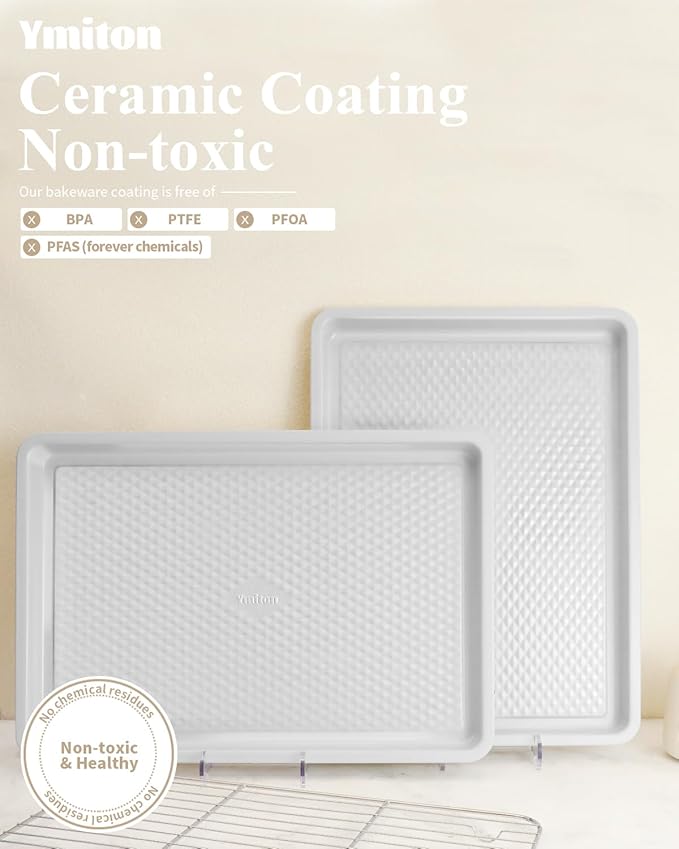 Nonstick Ceramic Baking Sheet With Rack, 2-Pack Half Sheet Pan, Non-Toxic, PTFE & PFOA Free, Warp-Free, Oven Safe 550°F, Dishwasher Safe, Aluminized Steel, Gray Yellow