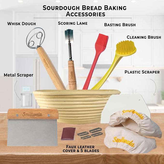 Round Banneton Bread Proofing Basket with Linen Liner, 9” Bread Basket with 6 Essential Bread Making Tools – Natural Rattan Sourdough Banneton Basket Kit for Baking Enthusiasts