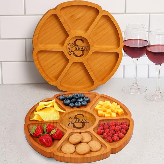 Custom Engraved Bamboo 11" Serving Tray – Personalized 7-Divided Flower Petal Platter, Perfect for Snacks, Appetizers, Charcuterie, Parties, Weddings, Housewarming, and Entertaining Gifts