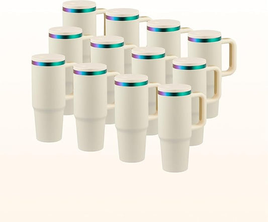 OMTech 40 oz. Tumblers with Handle & Lid, 12 Pack Tumbler Bulk with Double Wall Vacuum Insulation, Food-Grade Stainless Steel Insulated Coffee Mug, Sweatproof Travel Mug for Hot Cold Drinks, Cream