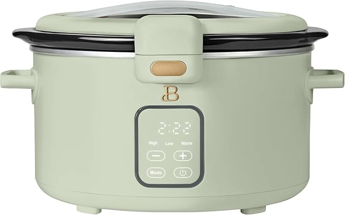 Beautiful 4-Qt Programmable Slow Cooker with Hinged Locking Lid & Touch Display – 3 Heat / 4 Timer Settings (Sage Green)