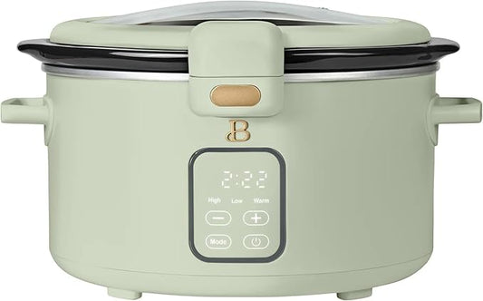 Beautiful 4-Qt Programmable Slow Cooker with Hinged Locking Lid & Touch Display – 3 Heat / 4 Timer Settings (Sage Green)