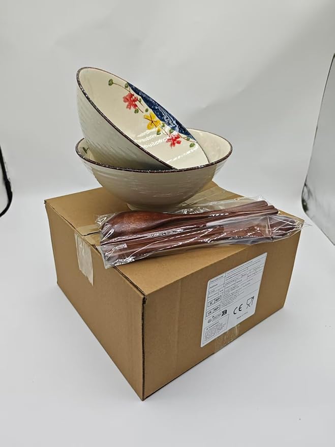 2 x 40 OZ ceramic ramen bowls, 8 IN large Japanese noodle soup bowl, match chopsticks and spoons, suitable for Pho, Udon Asian noodles (Colorful flowers 2 set)