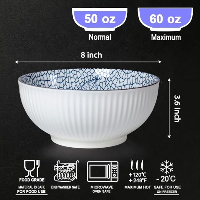 Houlu 60 oz Pho Bowls, Large Soup Bowl, Japanese Ramen Bowl Set, 8 inches Big Porcelain Bowls Set of 3, Leaf Patterns