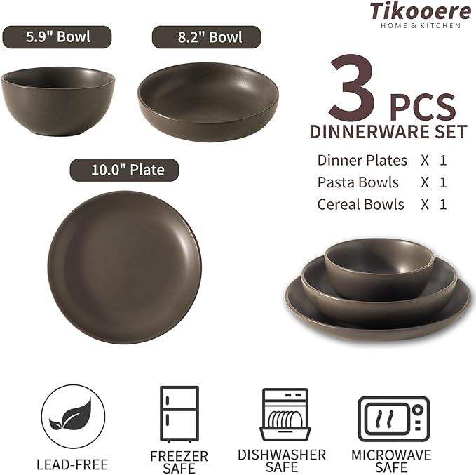 3 Piece Dinnerware Set, Stoneware Plate and Bowl Set, Ceramic Serveware Set, Scratch Resistant, Dishwasher & Microwave Safe, Matte Black