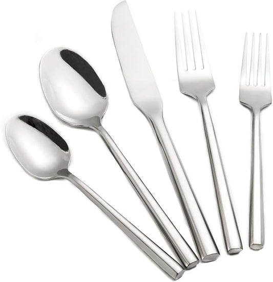 Hand Forged Stainless Steel Flatware Set Silverware Set Cutlery Set Hexagon Handle 5 Pieces Service for 1