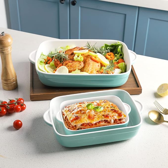 Sweejar Casserole Dishes for Oven, Ceramic Bakeware Set of 3, Lasagna Pan Deep with Handle, Rectangular Baking Pan Set, 9x13 Baking Dish for Cooking, Banquet and Daily Use (Turquoise)