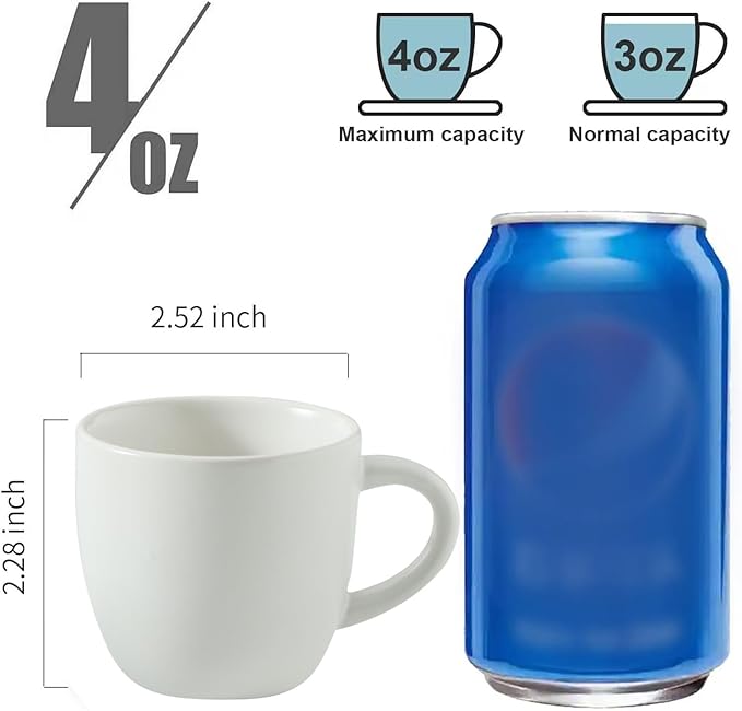 Hasense 3 Ounce Espresso Cups and Saucers Set of 6, Demitasse Cups with Handle for Coffee Drinks, Latte, Cappuccino, Cafe Mocha and Tea, Porcelain Coffee Cups for Coffee Bar Home and Party, White