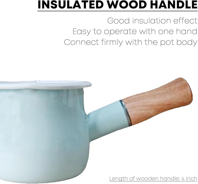 0.6qt Mini Enamel Milk Pot Insulated Wooden Handle 2 Pour Spouts Small Food Warmer Cute Saucepan (D015,Mint Green)