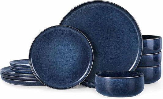 Herogo 12 Pieces Dinnerware Set Stoneware Service for 4, Dinner Plates and Bowls Sets, Double Reactive Glaze Dishes Set for Kitchen, Scratch Resistant, Microwave & Dishwasher Safe, Starry Blue