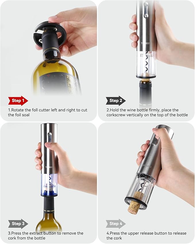 TOMEEM Electric Wine Opener Set - Rechargeable Wine Bottle Opener with Vacuum Stoppers,Wine Pourer, Foil Cutter,and Storage Stand - Ideal Wine Accessories & Wine Gift Set for Wine Lovers