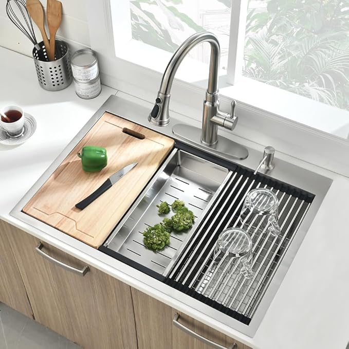 33x22 Drop In Kitchen Sink 16 Gauge Stainless Steel Workstation Kitchen Sink 10 Inch Deep Top Mount Single Bowl 2 Holes (33"x22"10")