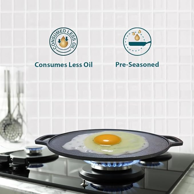 Cast Iron Griddle Pan (Tawa) 12-Inch with Dual Handles, Pre-Seasoned Flat Skillet for Flatbreads, Pancakes, Crepes, Eggs, Durable Cookware for Gas, Electric