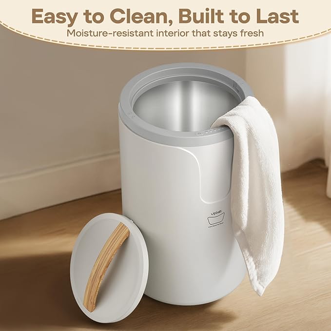 20L Towel Warmer Bucket, Dual Heat with 30/60/90 Min Presets, Stainless Steel Interior, Wood-Grain Handle, Holds 2 Towels or 1 Bathrobe, 3 Fragrance Discs, Spa Comfort for Home & Bathroom