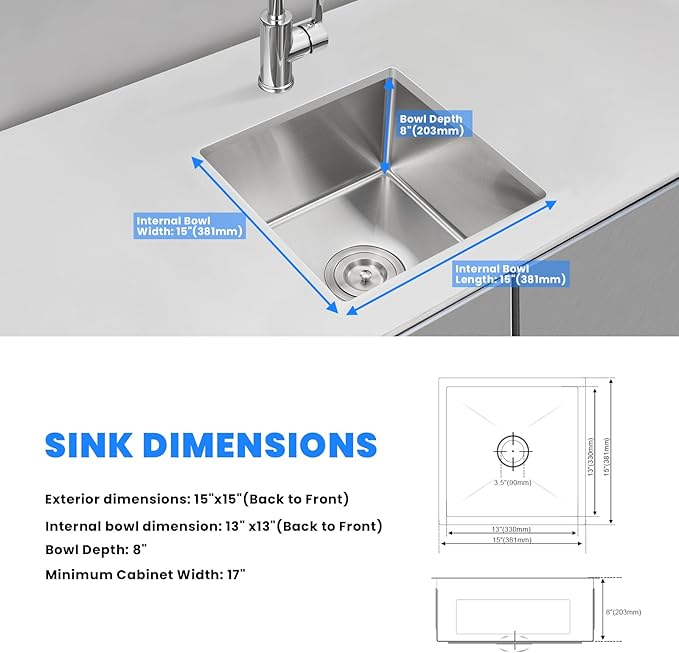 POPFLY 15×15 Inch Undermount Kitchen Sink, 18 Gauge 304 Stainless Steel Bar Sink, 15" Small Kitchen Mini Sink, Brushed Nickel Fregaderos De Cocina Modernos