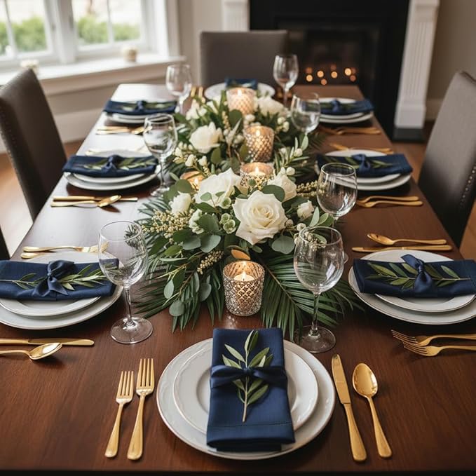 D'Moksha Homes Navy Blue Linen Napkins Set of 4 - Classic Hemstitch 100% Pure Linen Hemstitch Dinner Napkins 20 x 20 Inch for Fall, Thanksgiving, Holiday - Handcrafted and Machine Washable