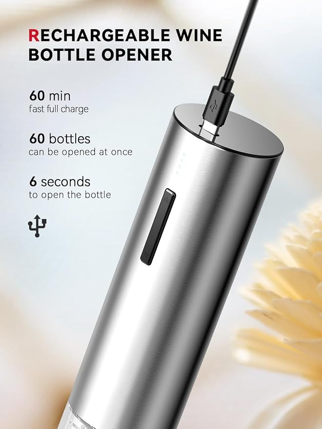 Rechargeable Electric Wine Gift Set - Aerator, Vacuum Stoppers, Foil Cutter and Bottle Opener for Home Bar and Outdoor Parties (Silver)