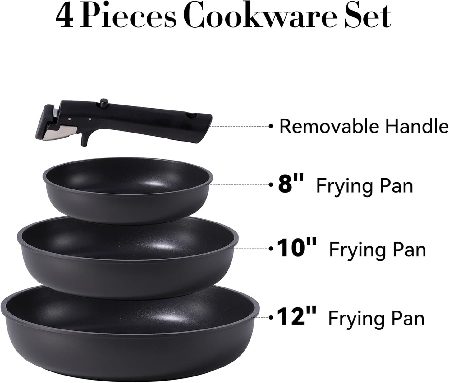 CAROTE 4pcs Non Stick Frying Pans, 8"+10"+12” Frying Pan Egg Pan Omelet Pans with Detachable Handle, Nonstick Cookware, PFOA Free, Induction Compatible & Oven Safe, Dishwasher Safe, Black