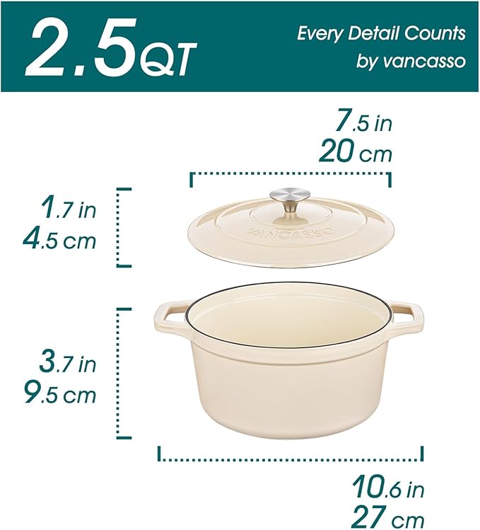 vancasso 2.5 QT Enameled Cast Iron Dutch Oven with Stainless Steel Knob Lid – Small Non-Stick Casserole for Steaming, Baking, and Roasting – Cream Color