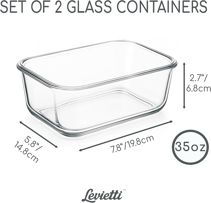 Levietti Glass Food Storage Containers Set of 2 (1040ml/35oz) – Airtight BPA-Free Plastic Lids, Leakproof Borosilicate Meal Prep Containers for Kitchen Organization, Microwave/Oven Safe