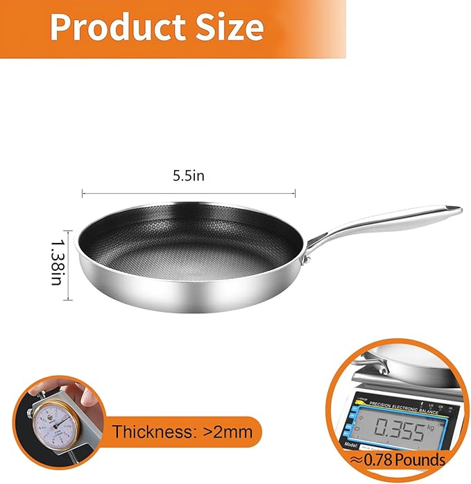 DELARLO Tri-Ply Stainless Steel 5.5 Inch Omelet Pans, Small Frying Pan Compatible with All Cooktops 500℉,Oven Safe Mini Skillet
