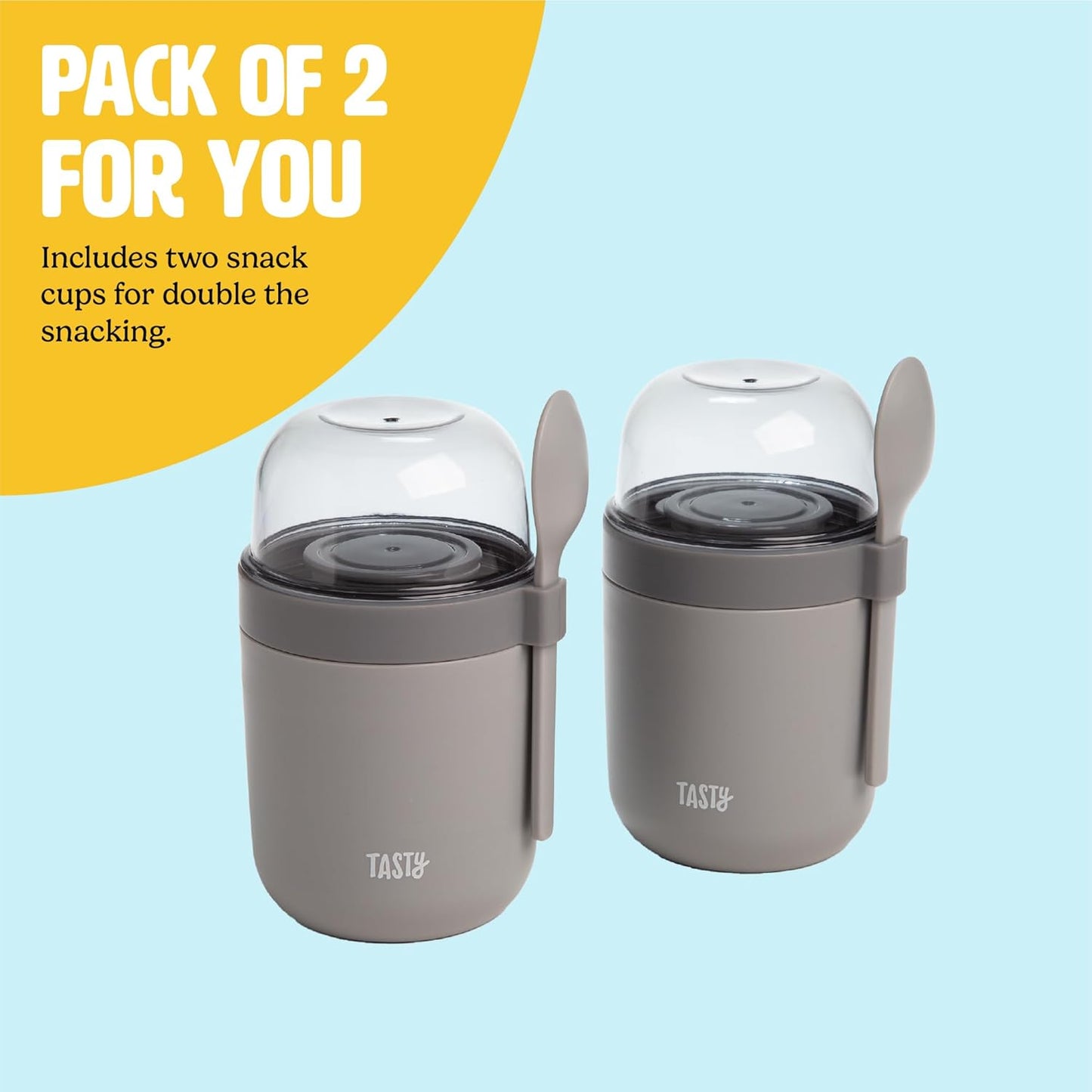 Tasty Travel Snack Cups with Spoons, On-The-Go Snacking, Divided Compartments, Great for Nuts, Cereal, Granola, Yogurt and More, Made Without BPA, 2-Pack, Gray