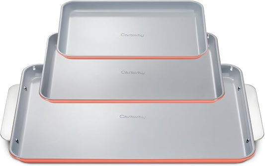 Caraway Non-Stick Ceramic Baking Sheet Trio - Naturally Slick Ceramic Coating - Non-Toxic, PTFE & PFOA Free - 18 x 13" Large, 15 x 10" Medium, & 9" x 13" Small - Perracotta