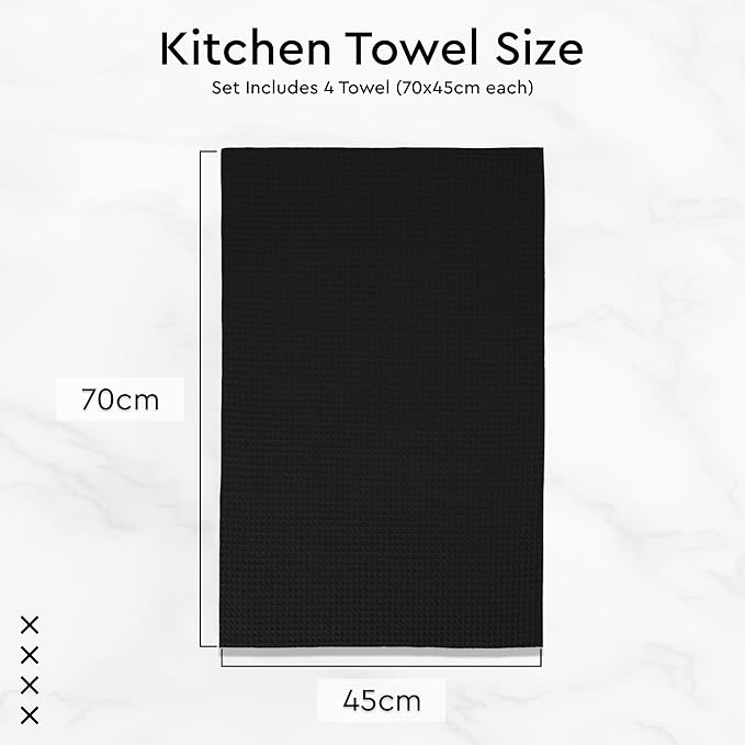 Encasa XO Kitchen Dish Towels Set | Black | Waffle Weave and Flat Hand Tea Towel | 28"x18" | Quick Drying Reusable Cotton Washcloths | Multipurpose Lightweight Dishcloths Set of 4