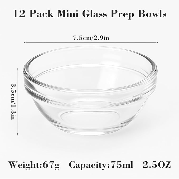 12 Pack Mini Glass Prep Bowls - 2.5OZ Small Ramekins for Condiments, Dipping Sauces, Kitchen Organization
